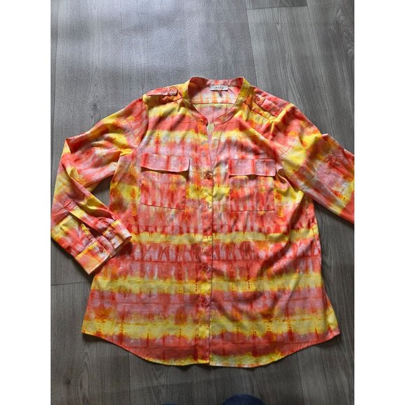 Calvin Klein Womens XL Long Sleeve Blouse Tie-Dye Yellow & Orange - Picture 4 of 7